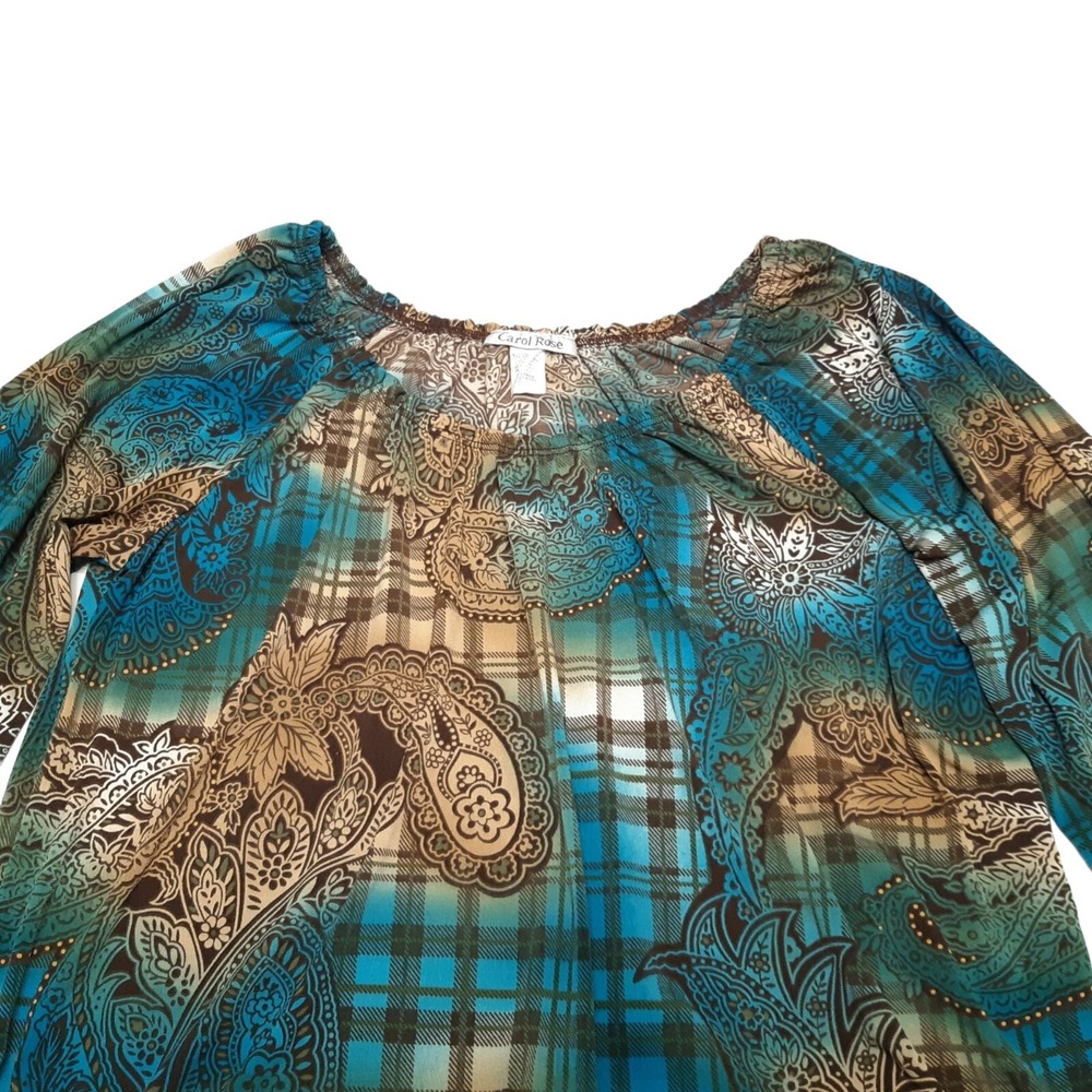 Vintage‎ Carol Rose Blouse Womens XL Green Paisley Plaid 3/4 Sleeve Stretch Top - Picture 6 of 11